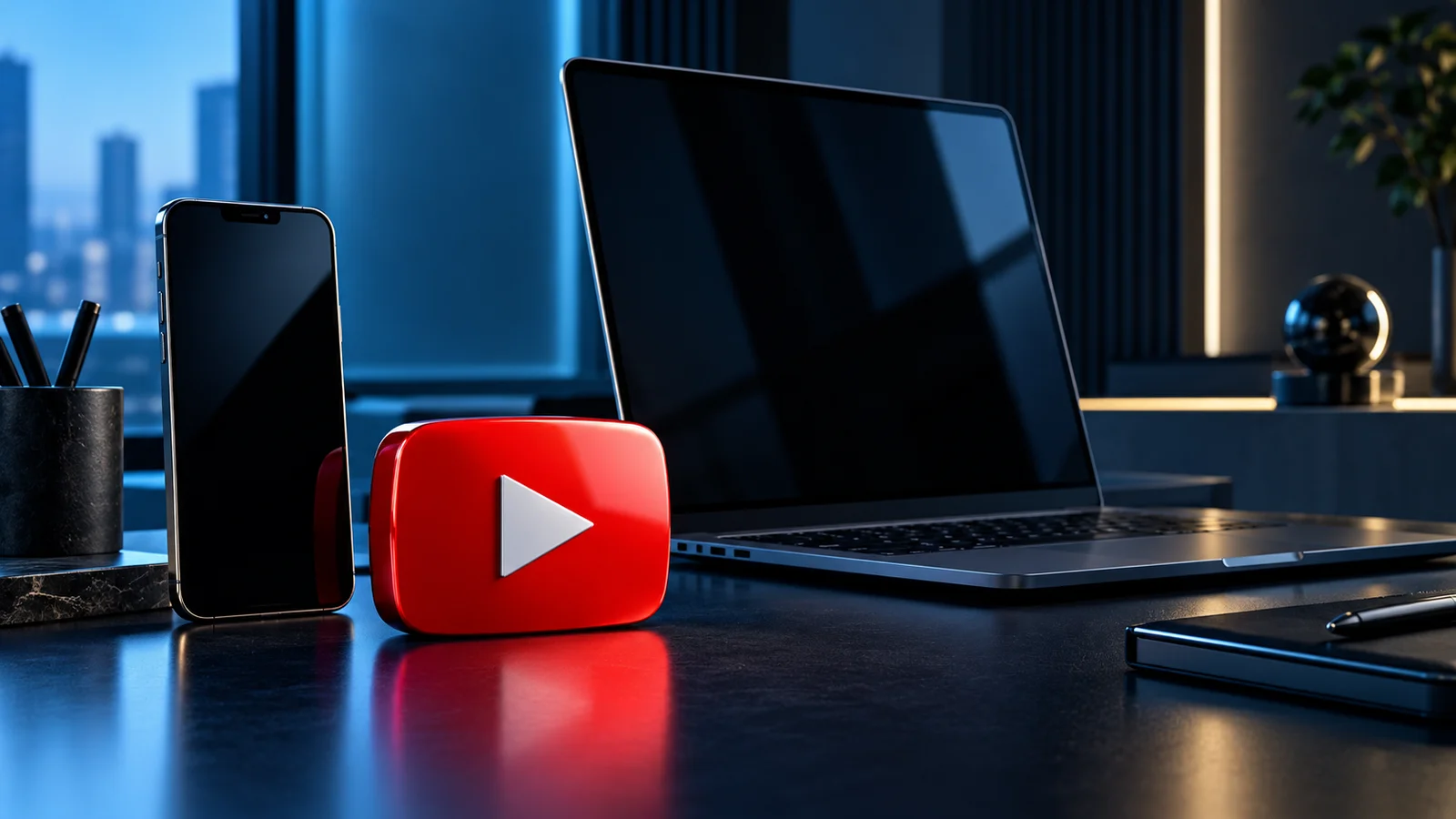 A red YouTube play symbol beside a laptop and vertical smartphone on a dark workstation